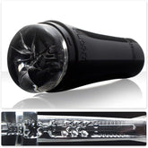 A black cylindrical adult male masturbator toy, branded as the Fleshlight Flight Pilot Masturbating Sleeve by Fleshlight, is displayed against a white background. The top section shows a close-up of the textured entry point, promising an enhanced pleasure experience, while the bottom section reveals the detailed inner design for maximum suction.